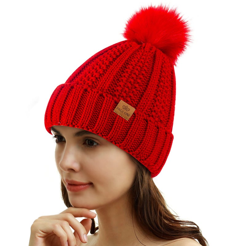 PAGE ONE Womens Winter Thick Cable Knit Beanie Faux Fur Pom Hat Fleece Lined Skull Cap Red - Image 2